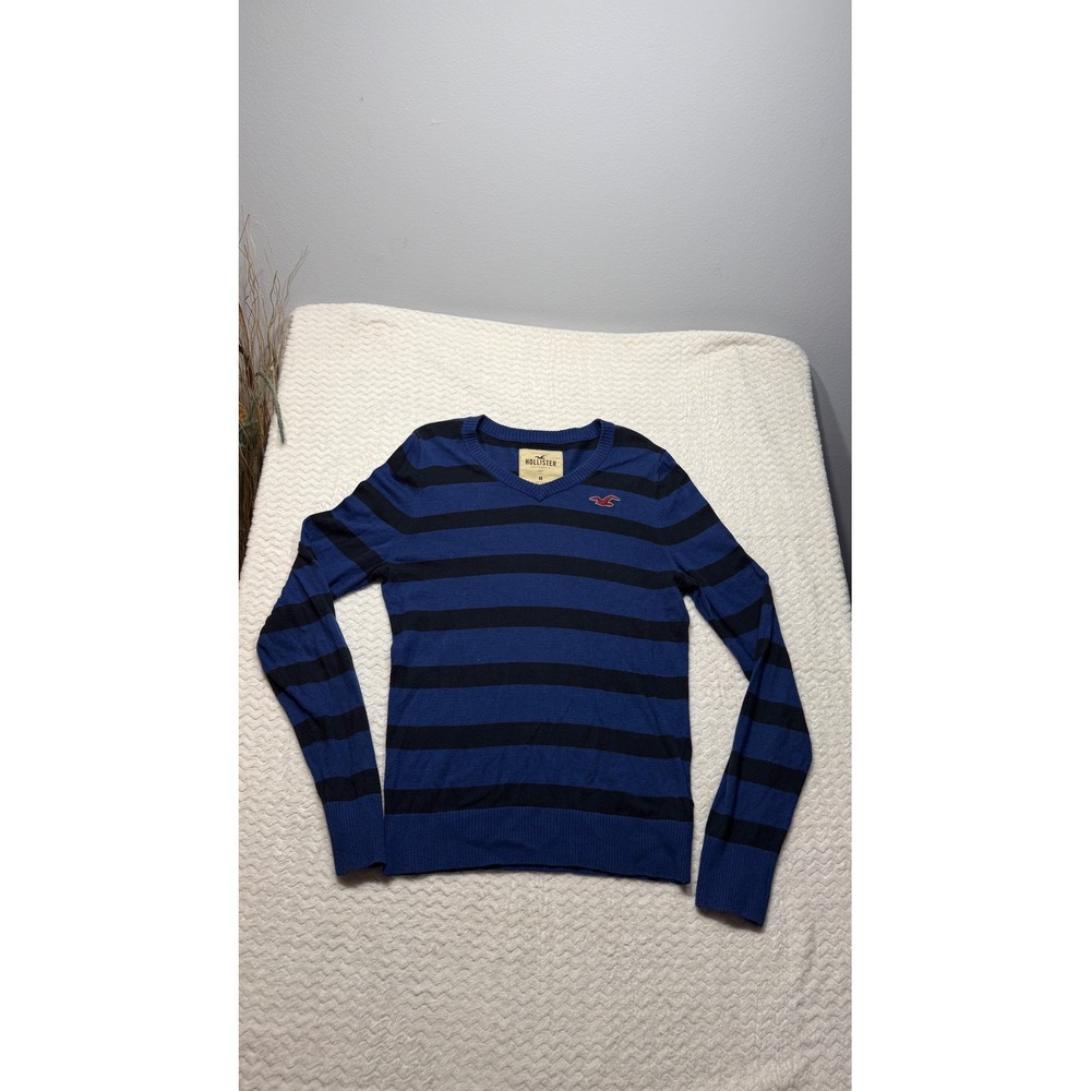Y2K Hollister California Womens Blue Striped V-Neck Long Sleeve Sweater Size M